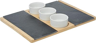 Bamboo and slate tray Cusin Art and 3 white ceramic bowls.. DIAYTAR NIGERIA: Making quality accessible to all Nigerians with affordable prices and quick delivery.