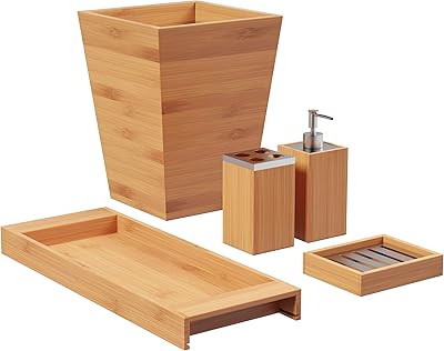 The set of Bamboo Home Bathroom Accessories includes a trash can, a lock holder, a soap distributor, a dentifice and a tray.. Experience the power of choice with DIAYTAR NIGERIA's extensive catalog delivered within the week.