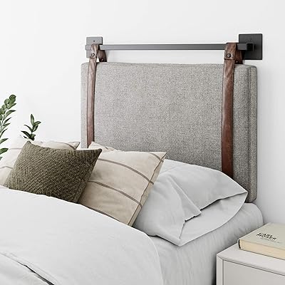 Nathan James Harlow Modern Wall Bedroom, double, gray with brown imitation leather bands.. DIAYTAR NIGERIA: Your affordable marketplace with reliable 5-8 day shipping across Nigeria.
