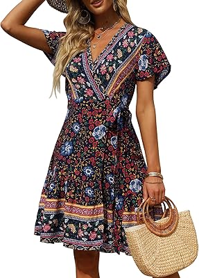 Zesica Women Summer Wrap Col En V bohème Floral Print Flying Swing A mini beach dress.. Experience DIAYTAR NIGERIA, where extensive product variety meets pocket-friendly prices and reliable delivery.