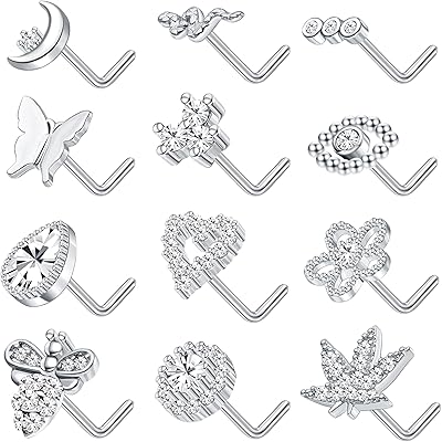 12 pieces 20g stainless steel nose rings in the shape of the flower heart snake butterfly moon jewelry nose piercing jewelry.. Easy checkout, quick delivery — shop now on DIAYTAR Nigeria.
