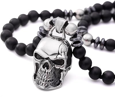 Gothic collar with skull pendant, David and Cross star, long black onyx pearls, handmade jewelry for women, stainless steel necklace.. Shop with purpose at DIAYTAR NIGERIA, where your money goes further and delivery is always prompt.