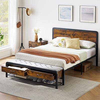 Queen size alkmaar bed frame with 2 padded storage drawers, headboard, secure rounded corners, robust metal latstones, box spring, brown brown.. Experience convenient online shopping on DIAYTAR Nigeria — wide selection and affordable delivery.