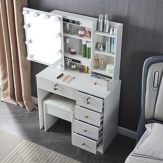 Konotoy modern makeup dressing table with lit mirror, large cosmetic set with drawers and stool for girl's room, white.. DIAYTAR NIGERIA: Where shopping meets satisfaction with affordable prices and reliable 5-8 day shipping.