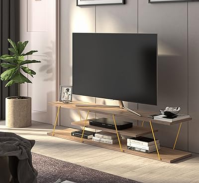 Modern TV cabinet for living room, Easy to assemble TV cabinet - Walnut and yellow.. Shop anytime, receive on time — only with DIAYTAR Nigeria.