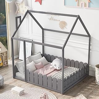 Mirax wooden floor beds with fence, wooden bed frame for toddlers, upset base required, easy to assemble (full size, gray color.. From Lagos to Kano, DIAYTAR Nigeria delivers across Nigeria in days.