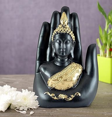 Statue of Buddha in the shape of a palm with tide ribbons - Decorative Buddha statue for the decoration of the table in the living room, the house and the gifts (17 cm x 9 cm, black and gold).. DIAYTAR NIGERIA: Where shopping is easy, prices are low, and delivery is just days away.