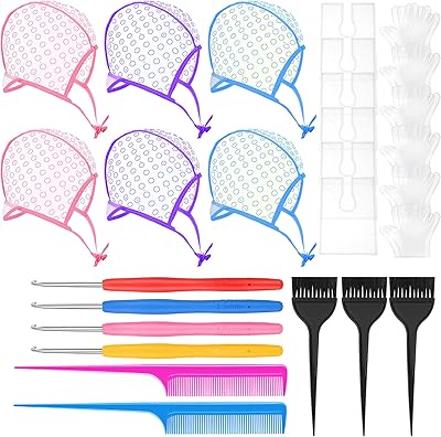 6 pieces of caps for hair coloring, with 4 needles for hair wicks, 6 disposable shawls for hair dye, 6 pairs of gloves, 3 dye brushes, 2 rat -tail comb, kit of tools for caps highlighted.. DIAYTAR NIGERIA delivers more than products - we deliver affordable solutions within days.