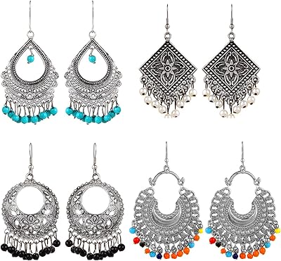 Yubella - Set of four multicolored trendy earrings in gold and silver oxidized silver for Afghan and cashmered party clothes for girls and women, Sterling silver.. DIAYTAR NIGERIA brings the market to your fingertips with affordable prices and swift delivery services.