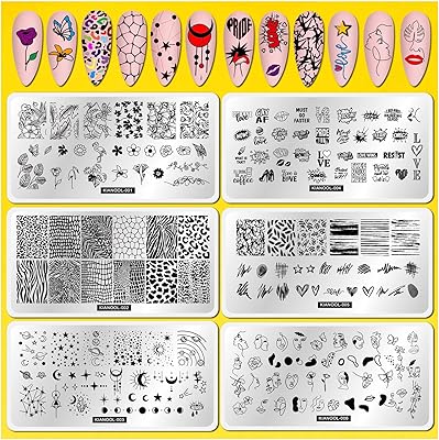 Set of stamping plates of floral leaves, 6 pieces, leopard pattern, heart stripes, holiday hearts, space stars, nail stamp plates for nail art.. DIAYTAR NIGERIA revolutionizes online shopping with competitive prices and reliable 5-8 day delivery.