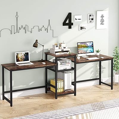 Tribe Signs Double 97 -inch double computer desk with printer shelf, extra long work office for 2 people with storage shelves, large design and writing office for home office, dark brown.. DIAYTAR NIGERIA: Bringing affordable shopping solutions with a diverse product catalog delivered nationwide.