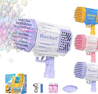 Bubble pistol 69 holes for children and adults, powerful air bubble rocket launcher with colorful lighting, children's toys with 2 bubble solutions (purple).. Enjoy effortless shopping and speedy delivery with DIAYTAR Nigeria.