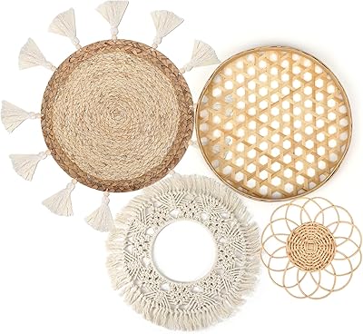 Set of 4 boho wall baskets, hanging wall decoration, rattan and macramé decor, flat and round, woven pompom, wall basket handmade for bedroom, living room, living room.. Experience hassle-free shopping with DIAYTAR NIGERIA's user-friendly platform and prompt delivery service.