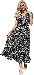 Long relaxed dress with floral print, V -neck, boho wedding guest dress for women, long bohemian dress.. Affordable online shopping is just a click away with DIAYTAR Nigeria.