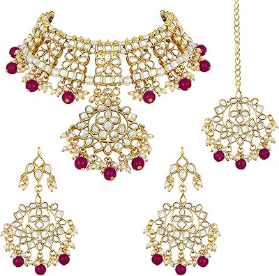 Set of elegant studded necklaces in false Kundan Ahli for wedding party with Maang Tika ensemble, traditional fashion jewelry for women.. DIAYTAR NIGERIA transforms online retail with unbeatable prices and consistent delivery timeframes.
