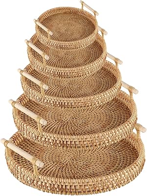 RO round service tray, round rattan round basket, hand -woven bread baskets with handles, round cracker tray, wicker tray for bread, fruit, food, coffee, breakfast (set of 5 rooms).. DIAYTAR NIGERIA: Where value meets variety with reliable nationwide delivery in under 8 days.