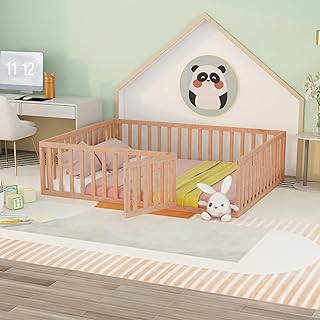 Montessori bed frame in solid wood queen size johome with fence, door, safety rails and bed platform for boys and girls, natural color.. No stress, just speed — DIAYTAR Nigeria ships in days.