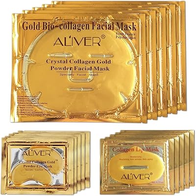 Facial mask in 24-carat gold biocollagen crystal + eyes mask + lip mask, anti-aging skin care (5 pairs/set).. DIAYTAR NIGERIA transforms dreams into deliveries with our affordable prices and 5-8 day shipping.