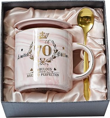 70th birthday birthday gifts - Senijacked coffee mug with printed perfection with gold - Unique birthday gift for 70 -year -old grandmother, mom, wife, friend, sister - pink marble cup 14 oz with cover, card, gift box.. Order now, relax later — DIAYTAR Nigeria ships in 5 to 8 days.