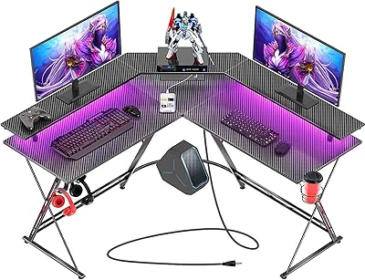 50.5 inch SCHOOLOFs games desk with LED strip and power supply, L-shaped corner desk with carbon fiber surface with screen support, ergonomic game table with cup holder and helmet hook (black).. DIAYTAR NIGERIA: Empowering Nigerians with access to affordable products delivered within 8 days.