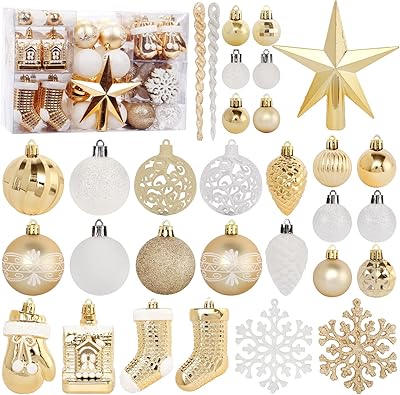 Set of Christmas tree decorations, 132 pieces of golden and white Christmas tree ornaments, unbreakable hanging, large and small sets for Christmas tree and holiday decorations.. Browse, shop, and receive — DIAYTAR Nigeria keeps it simple.