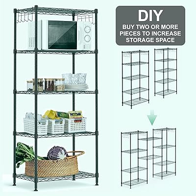 Metal wire storage shelf at 5 Hexar levels, robust metal organizer, metal shelf with leveling feet, adjustable shelves for the house, bathroom, kitchen, desk, garage, 5 metal storage shelves (black).. DIAYTAR NIGERIA: Nigeria's answer to affordable online shopping with reliable 5-8 day delivery guarantee.