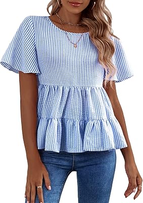 Striped striped and short -sleeved print blouse, round neck, ruffle hem, high peplum.. DIAYTAR NIGERIA: Where shopping meets satisfaction with affordable prices and prompt delivery services.