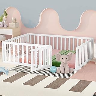 Bed frame on the floor in full wooden size with fence and door, bed on the montessori floor for toddlers with wooden frame for babies, girls and boys, white.. Nigeria's fastest-growing e-commerce site offers unbeatable prices and delivery within 8 days.