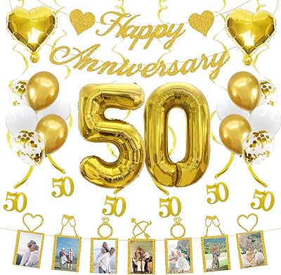 Set of 50th anniversary party supplies, photo banner and happy birthday balloons, hanging swirls for the 50th wedding anniversary decorations (gold).. DIAYTAR NIGERIA: Where affordability and variety meet with convenient delivery within 8 days.