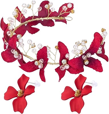 Red floral bridal band for wedding party, hair accessory in golden crystal rhinestones with earring, delicate bohemian hair for women and girls.. DIAYTAR NIGERIA: Where affordability and variety meet with convenient delivery within 8 days.