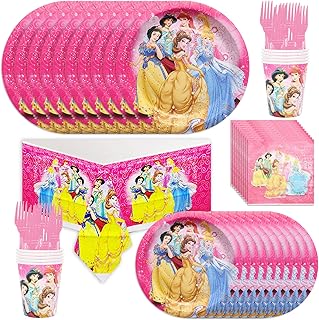 Birthday party supplies on the princess's theme, including 20 cardboard plates, 20 towels, a tablecloth, 10 forks and 10 cups.. Shop confidently on DIAYTAR Nigeria — everything you need, delivered quickly.