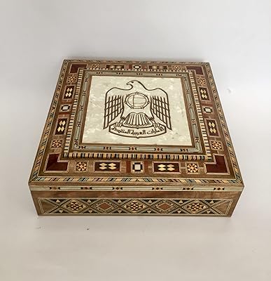 Storage box for luxury jewelry oud, hand -studded, decorative storage box in natural wood, engraved mother -of -pearl, logo of the United Arab Emirates, engraved box, image wooden box.. DIAYTAR NIGERIA revolutionizes online retail with our extensive selection and dependable shipping service.