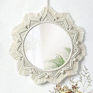 Suspended wall mirror with macrame bangs, round vintage bohemian style mirrors, artistic decoration for apartment, living room, bedroom, children's bedroom (design 3).. DIAYTAR NIGERIA: Where thousands of products meet affordable prices and reliable 5-8 day delivery.