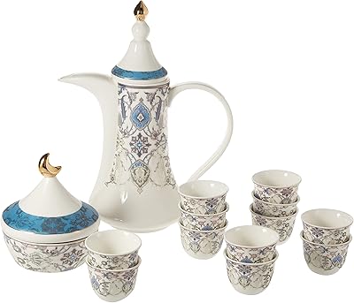 Arabic coffee service in Istikana porcelain with a dallah and its lid and a dates jar of Qahwa, 16 pieces, colorful, matching drawings, matching.. Love deals? DIAYTAR Nigeria has you covered with low prices and fast delivery.