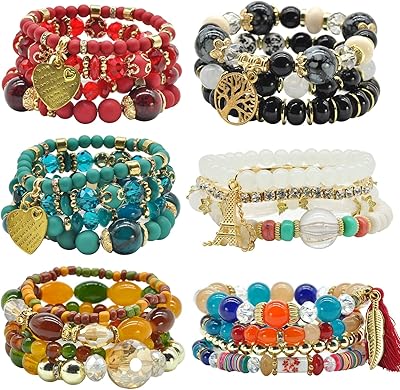Bohemian bracelet sets for women - 6 sets of stackable multicolored bracelets boho