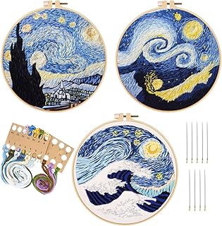 3 -room beginner embroidery kit with patterns and instructions, DIY cross stitch kits for beginners, includes 3 embroidery fabrics with sky pattern, 3 embroidery hoops, colored and needle wires.. DIAYTAR NIGERIA: Where shopping meets satisfaction with affordable prices and prompt delivery services.