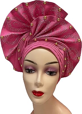 Nigerian Luxury ASO Oke Luxury Cover already made, African Women's Bang, Turban Bang, Auto Gele Cap, Scarf, Heading Cover, Colden Fabric (Rose).. DIAYTAR NIGERIA: Where shopping dreams become reality with budget-friendly prices and prompt delivery.