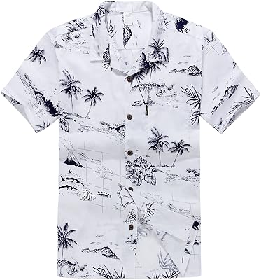 Hawaiian shirt for men with palm and wave pattern, carte blanche.. DIAYTAR Nigeria: Great value, fast delivery, and endless options.