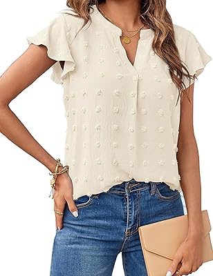 Elegant ladies relaxed with V -collar and short -sleeved ruffles for women, large blouse with Swiss polka dot, blouse with floating sleeves for women.. DIAYTAR NIGERIA: Bringing quality products to every Nigerian home at prices everyone can afford.