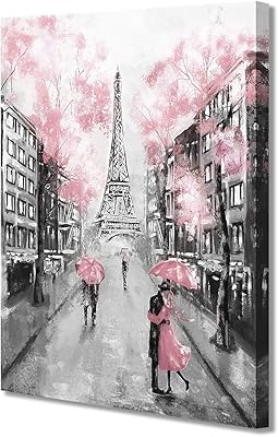 Mural art on canvas in love with the street scene of Paris holding pink umbrellas black and white landscape oil paint for wall decorations of bedroom 16x12.. DIAYTAR NIGERIA delivers value, variety, and convenience with our nationwide 5-8 day shipping.