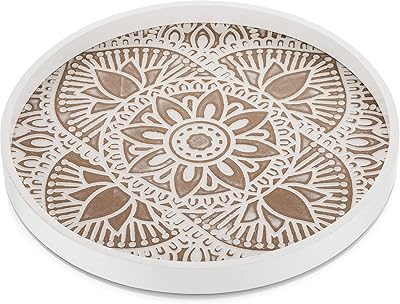 Hanop round wooden decorative tray: rustic coffee table tray, white faded decorative tray, round wooden table for kitchen table, bohemian Ottoman tray for the house.. Experience the simplicity of DIAYTAR NIGERIA's extensive marketplace with delivery within 8 days.