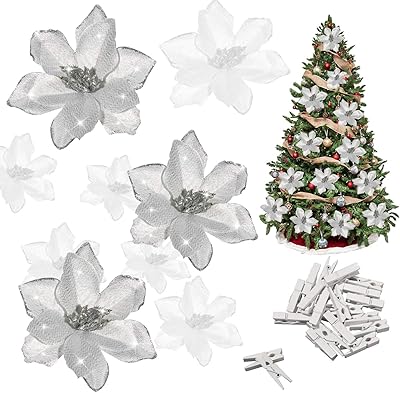 Wallen 24 pieces artificial poinsettia flowers in silver with 24 clips Christmas tree decoration with glitter decoration wedding festival (13 x 13 cm).. DIAYTAR NIGERIA: Where every purchase is affordable and delivery is always within a week.