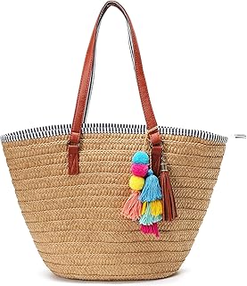 Fonda straw beach bag, large woven handbag for women, summer shopping bag, beach tote with pompom for travel.. DIAYTAR NIGERIA brings affordable shopping to your fingertips with reliable delivery in less than 8 days.