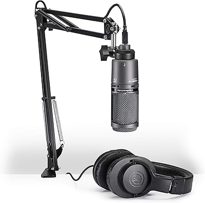 Audio-Technica at2020usb+PK diffusion/podcasting microphone set, including a USB microphone with integrated headphone jack and volume control, pole arm and headphones.. DIAYTAR NIGERIA: Making online shopping accessible with affordable prices and nationwide delivery service.