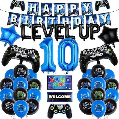 Kit of 10th anniversary party decoration balloons for boys and girls including a happy birthday banner, stars, a game controller and a latex ball to hang.. Shop the smart way with DIAYTAR NIGERIA's extensive selection and budget-friendly nationwide delivery.