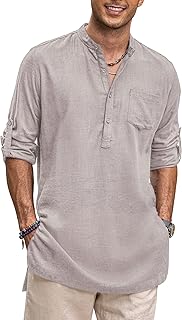 Linen Henley shirts for men, long sleeves, without collar, long kurta beach shirt with pocket.. Discover shopping simplified with DIAYTAR NIGERIA's comprehensive platform and reliable 5-8 day shipping.