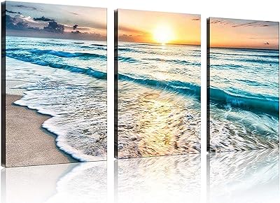 Totoper Wall canvas with 3 panels for interior decoration, sunset on blue sea, white beach, sea landscape, canvas print, interior decoration images, ready to hang.. DIAYTAR NIGERIA: Bringing quality products to your doorstep at prices that won't break the bank.