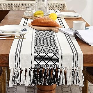 Bohemian -style woven style table 34 x 183 cm black and white.. DIAYTAR NIGERIA: Your trusted e-commerce partner with extensive product choices and affordable delivery.