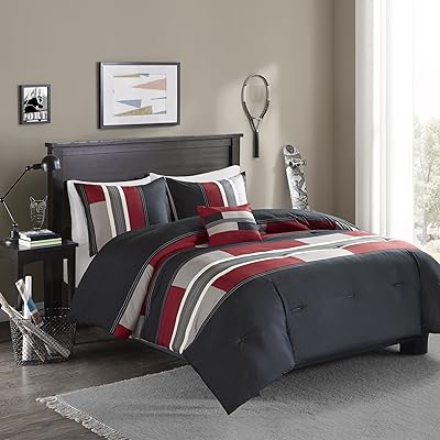 Comfort Spaces Bed set All seasons in ultra -soft hypoallergenic microfibergen for bed bed, queen, black stone with red stripes.. DIAYTAR NIGERIA delivers on our promise of variety, affordability, and prompt nationwide shipping.
