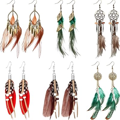 6 pairs of bohemian earrings in false feathers with long hanging pompoms, designer catcaps for women and girls (design 7), metal, metal.. Shop without boundaries at DIAYTAR NIGERIA, offering affordable products with convenient delivery times.